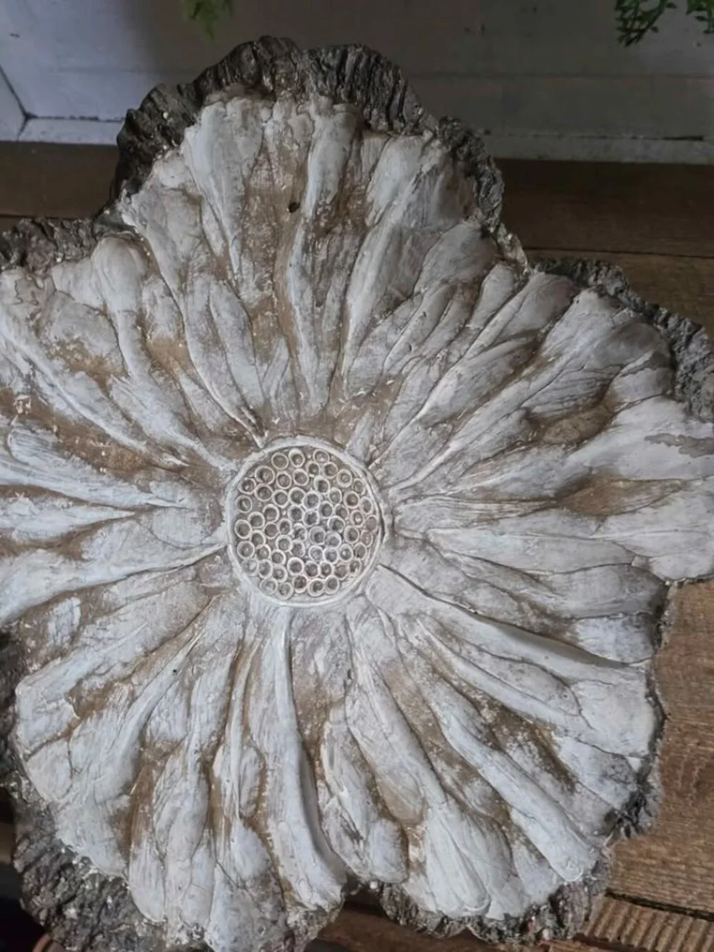 Resin Carved Flower Bowl White & Brown Distressed Shabby Chic Decoration